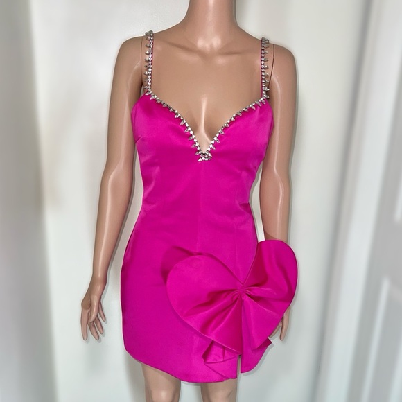 AREA NYC Hot Pink Bow Crystal Silky Mini Dress - Picture 4 of 13